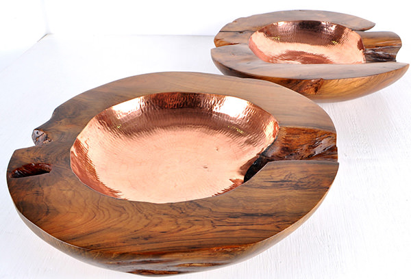 two teak root bowls with copper insert