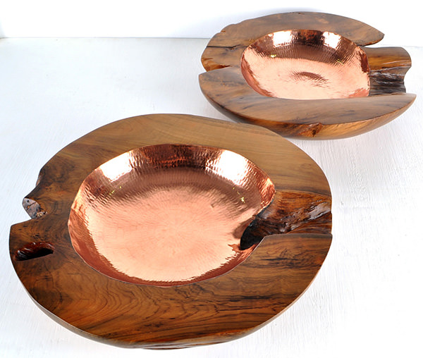 set of teak root bowls with copper insert