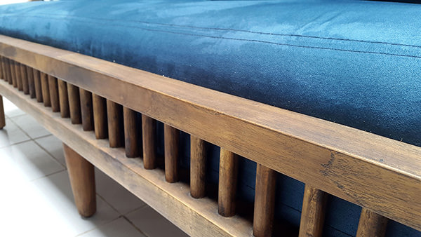teak sofa with blue velvet