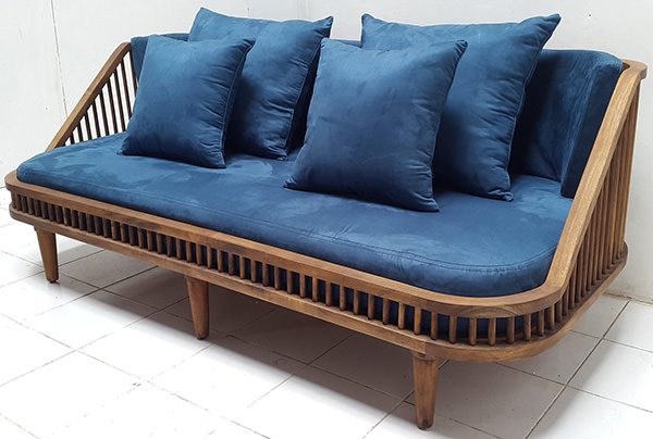 scandinavian teak sofa with blue velvet