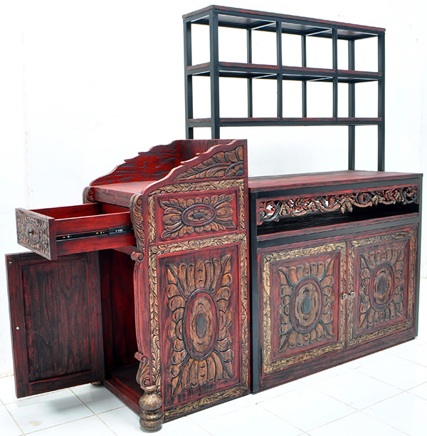 teak waiter station with drawers and shelves