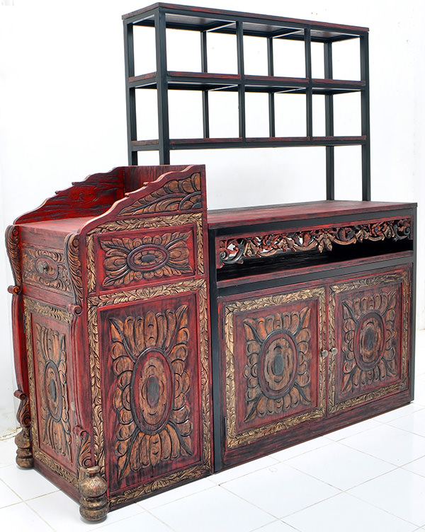 red and gold teak waiter station with drawers and shelves