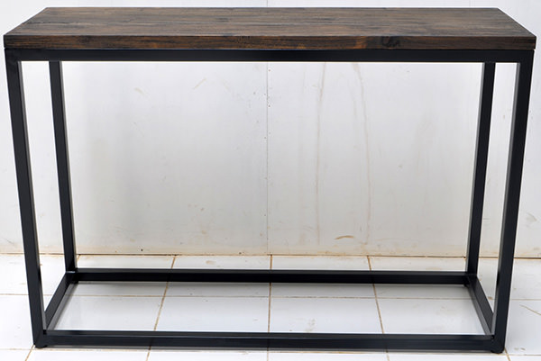 wood burnt console table with iron legs