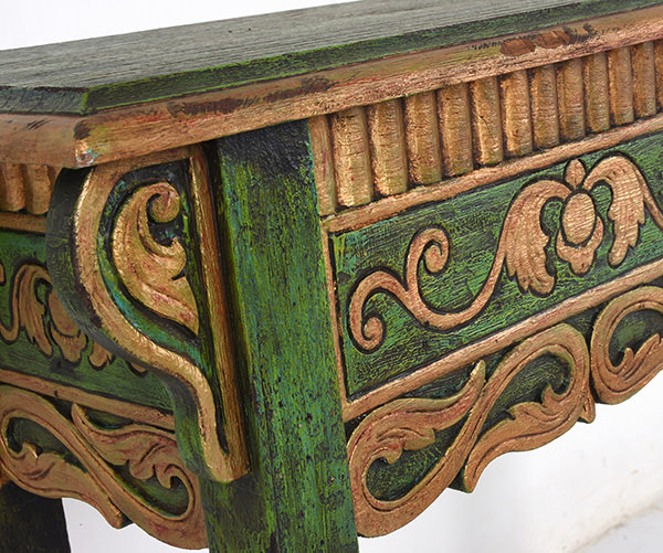 reclaimed green and gold mahogany painted console table