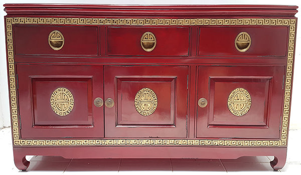 gold and red asian console table