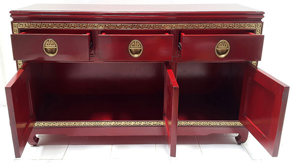 3 drawers and 3 doors gold and red asian console table with carved ornements