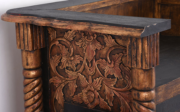 teak painted reclaimed reception desk with wood carvings