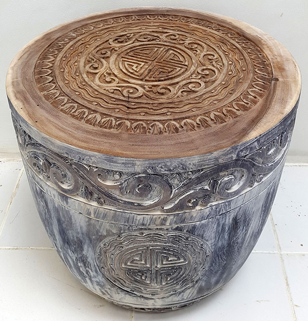 tribal carving on suar wood with black vintage finish and natural top