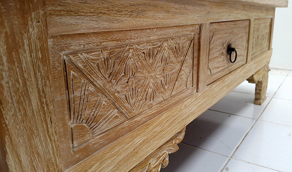 carved traditional teak coffee table with a drawer