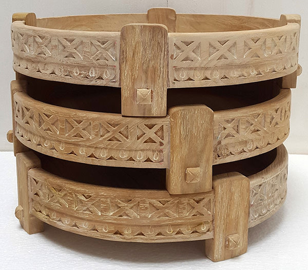 set of 3 handcarved round teak wooden tray