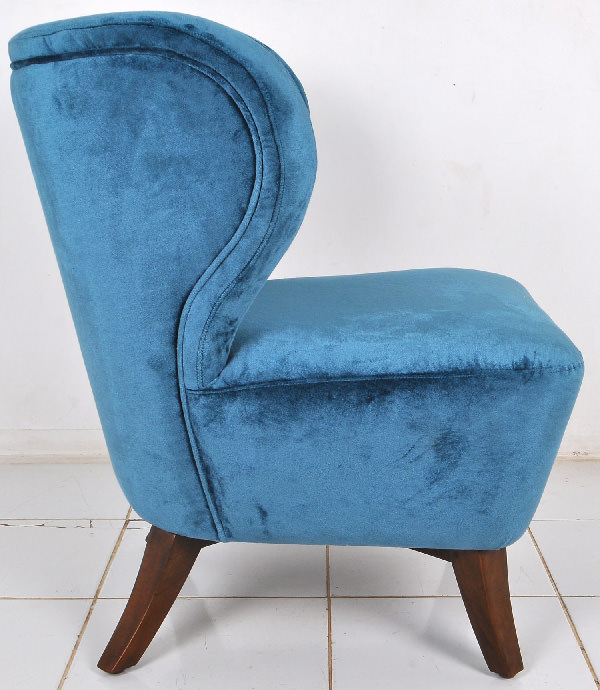 blue velvet back lounge seat with wooden legs