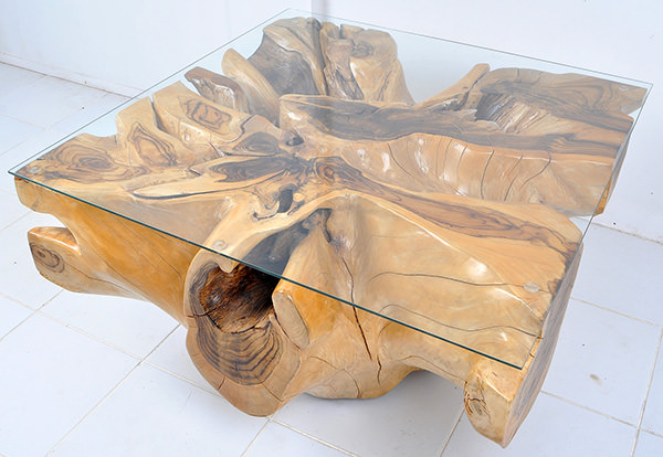 solid teak organic root coffee table with glass table top