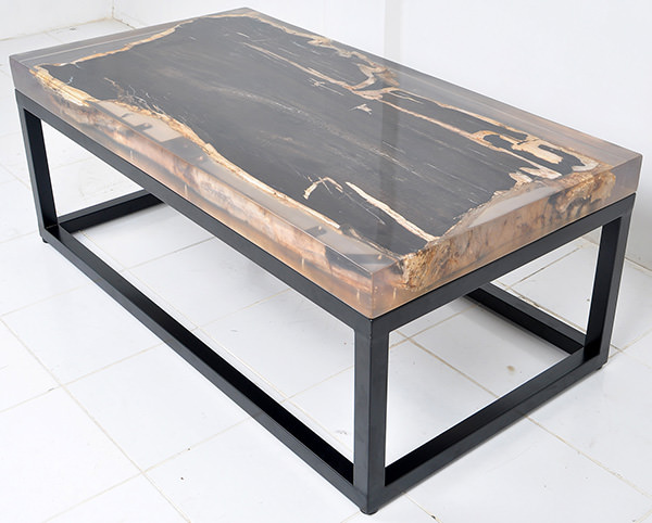 fossil wood coffee table and clear transparent resin