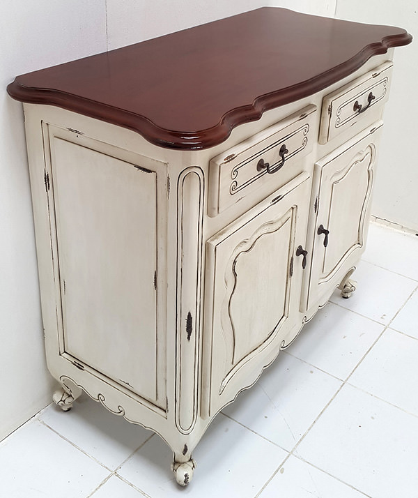 white distressed vintage mahogany cabinet with brown table top