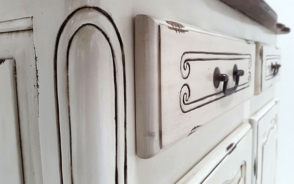 white distressed vintage mahogany paint finishings