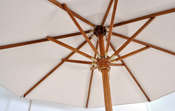 brass linen and teak umbrella