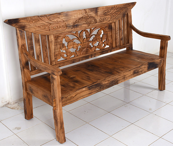antique reclaimed timber bench with wood carvings