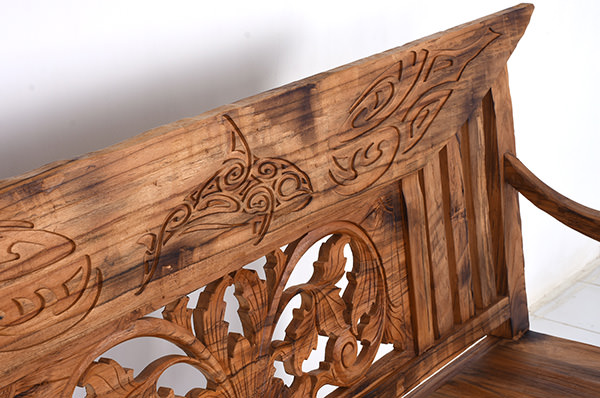 rustic reclaimed teak wooden bench with handmade carvings