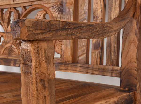 rustic reclaimed teak wooden bench with handmade carvings with distressed finish