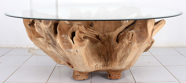 teak root table with glass top