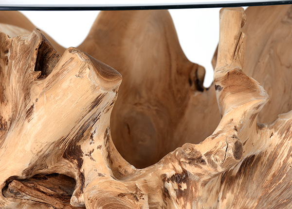 teak root wooden table with round glass top