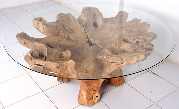 natural teak root wooden table with round glass top
