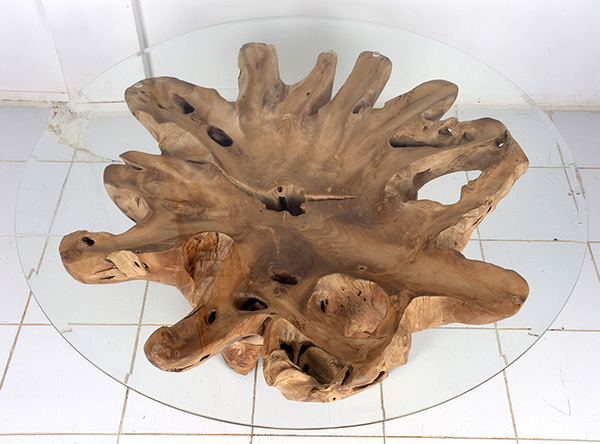 Indonesian natural teak root wooden table with round glass top
