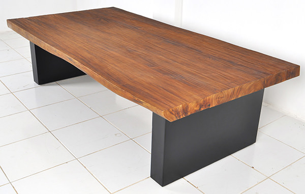 teak coffee table with natural edges, black powder coated stainless steel legs and wooden grain