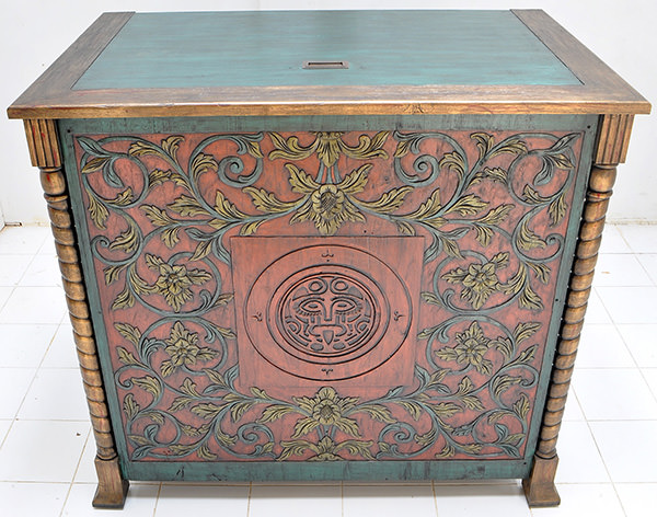 teak dj station with vintage colored finish and handmade carvings