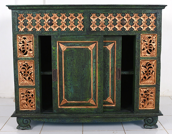 reclaimed green and gold mahogany painted sideboard cabinet with sliding doors