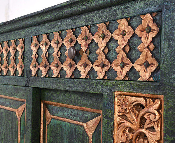reclaimed green and gold mahogany painted sideboard waiter station cabinet with sliding doors