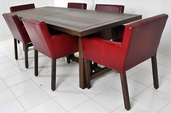 square teak table with dining chairs with red leather