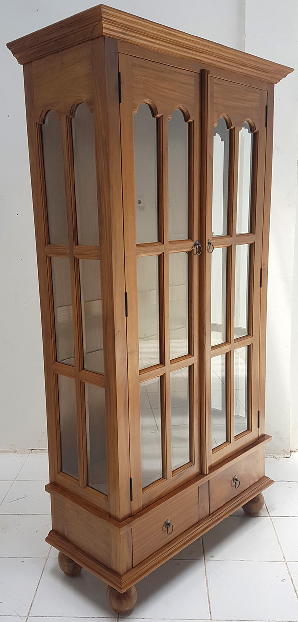solid teak and glass english wardrobe with brown finish