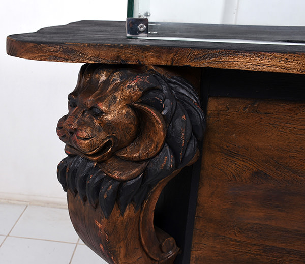 solid teak and glass DJ station with lion head carving