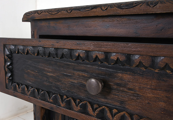 private room teak waiter station with distressed black finish and vintage carvings