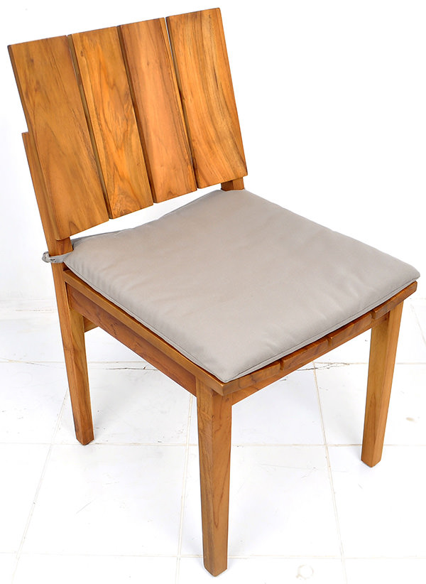 teak garden chair with natural brown stain and grey cushion