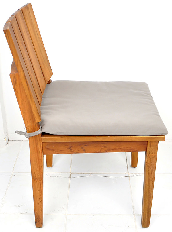 teak garden chair with natural brown stain and grey seat cushion