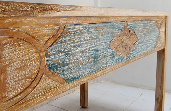 teak cabinet with blue paint