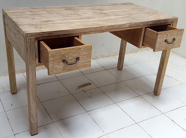 teak desk with two drawers and white washed finish