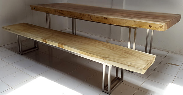 dining table and bench set with suar wood top and stainless steel legs