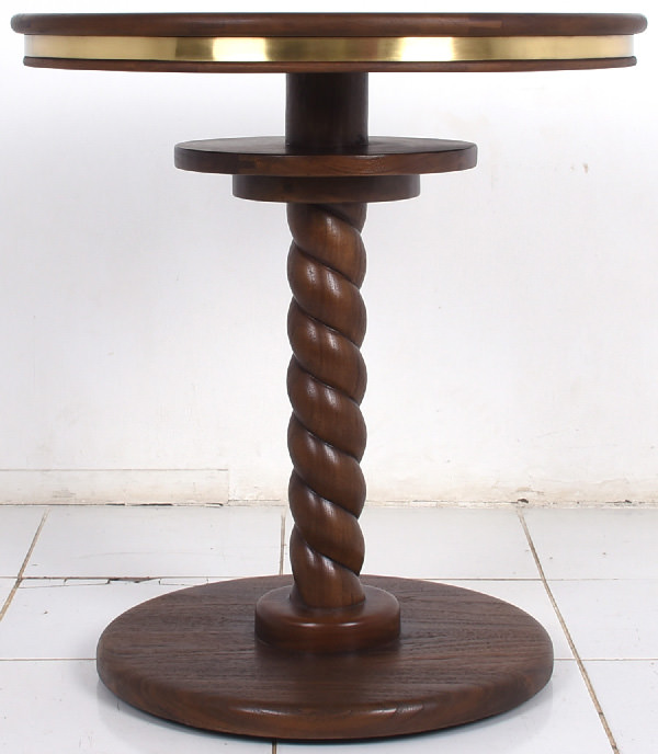 cocktail table with glass mirror top, brass edges and carved wooden leg