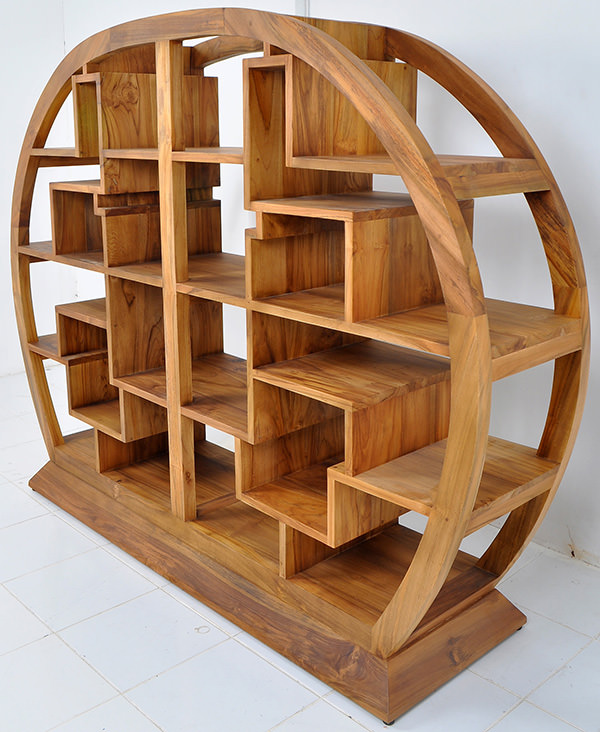 round asian teak bookcase