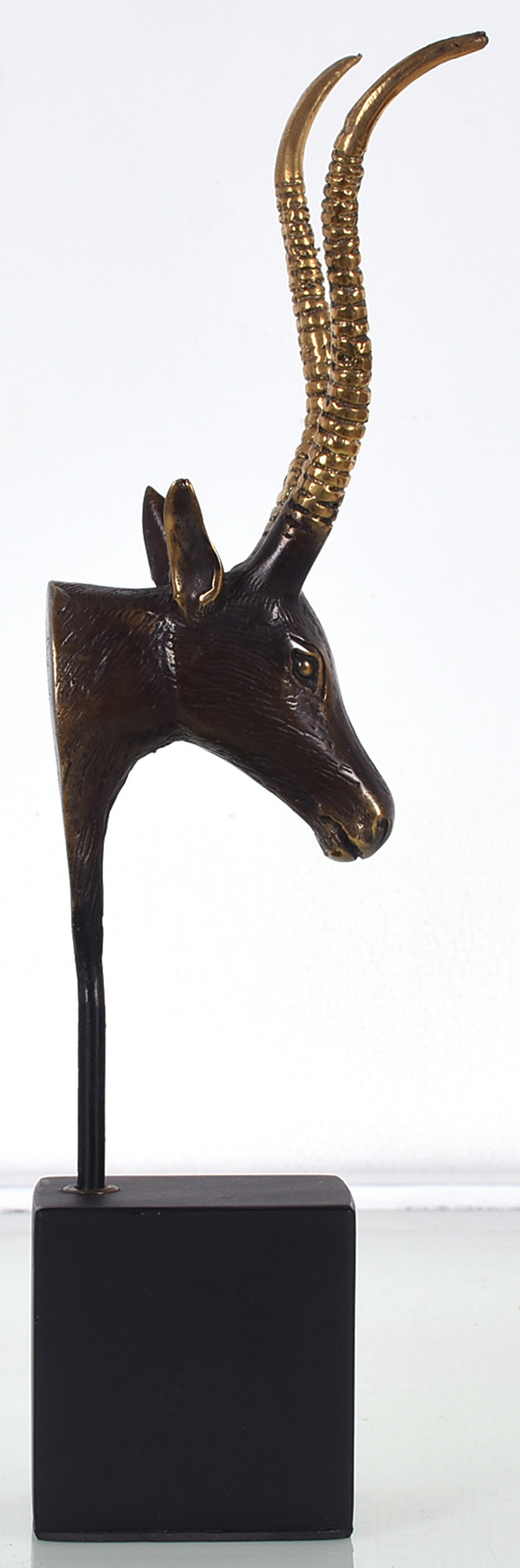 impala head bronze sculpture with brown standing base