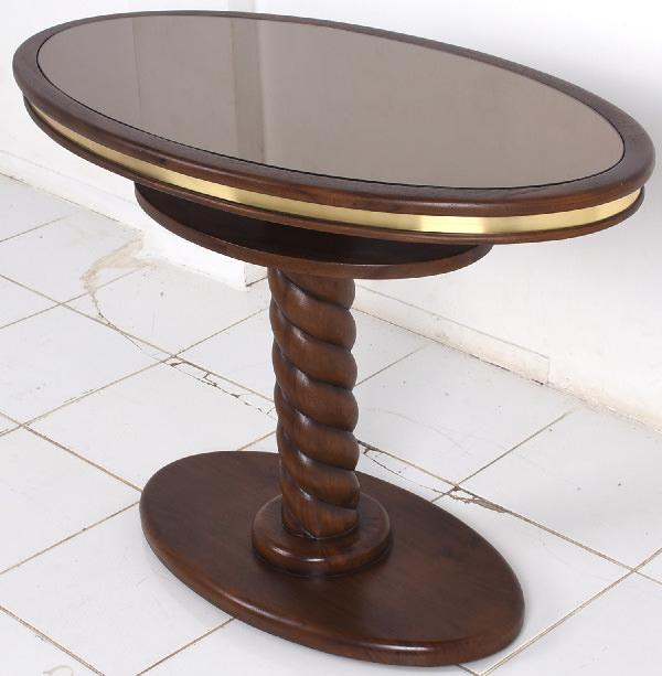 timber and brass table with mirror top