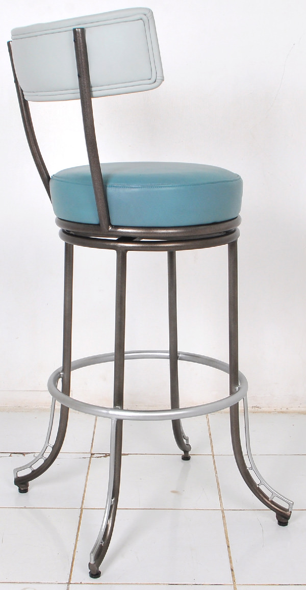 blue leather and iron Greek bar chair with swivel
