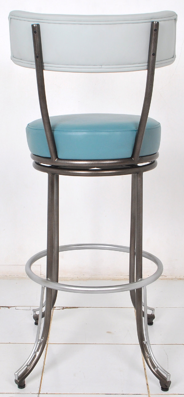 blue leather and black iron Greek bar chair with swivel