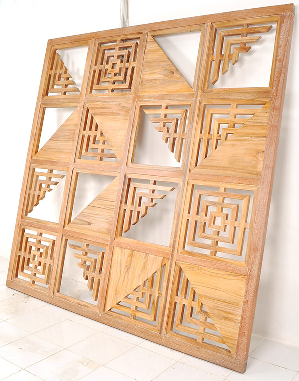 wooden restaurant partition panel with geometric design