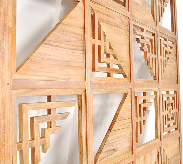 wooden restaurant partition panel with geometric design and natural finish