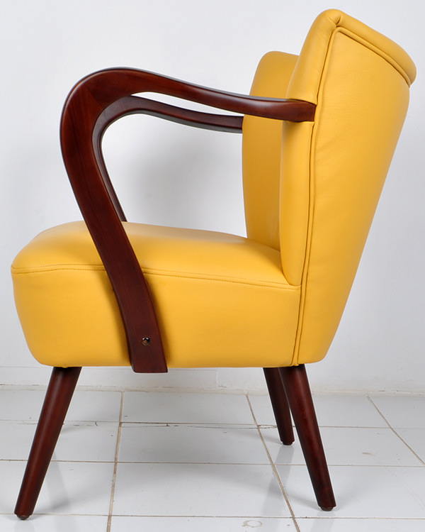 French mid-century design armchair with teak wooden arms and genuine leather upholstery