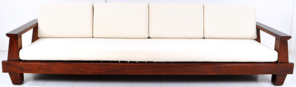 outdoor teak Scandinavian sofa with garden cushions